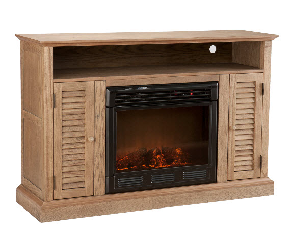 This electric fireplace also has storage for towels, soaps, and more!