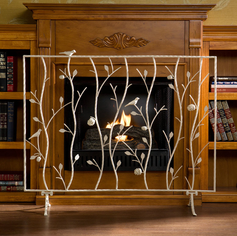 38.75" Bird and Branch Antique White Fireplace Screen 