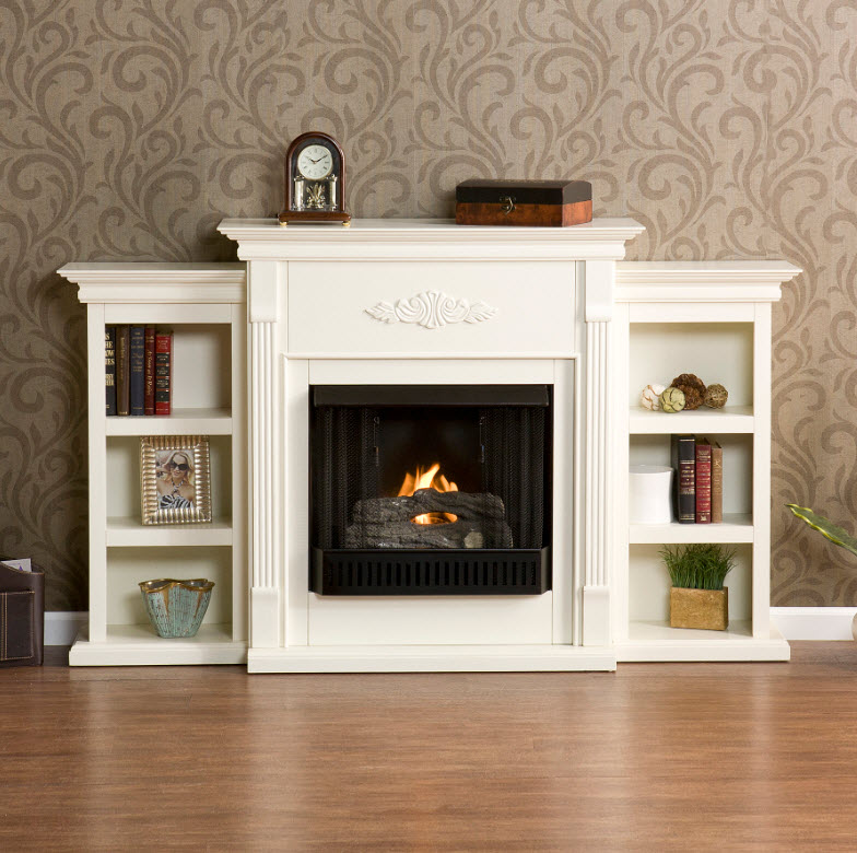 70.25" Tennyson Ivory Gel Fuel Fireplace w/ Bookcases 