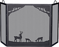 54.5'' Deluxe 3-Panel Black Wrought Iron Screen with Deer in Forest Scene