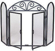 52'' 3 Fold Black Wrought Iron Fireplace Screen with Opening Doors