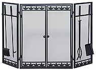 49'' 3 Fold Black Wrought Iron Fireplace Screen with Filigree, Doors and Tools