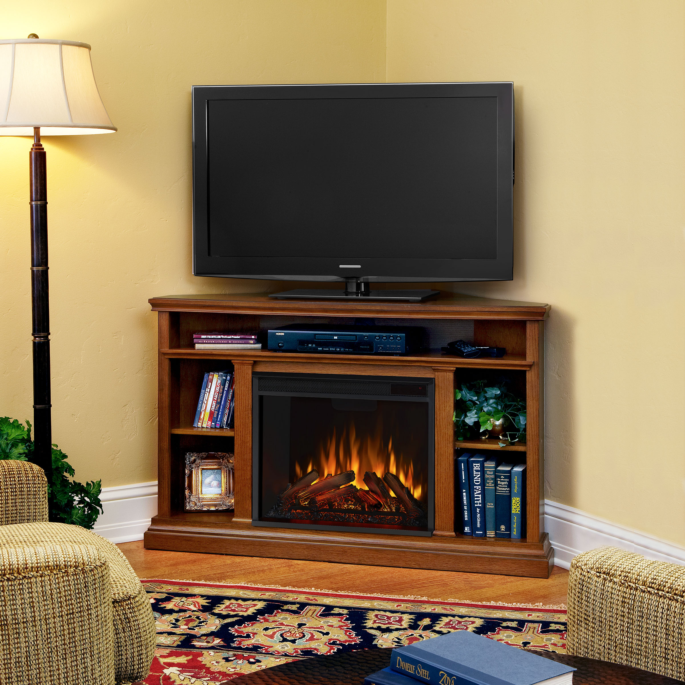 50 75 Churchill Oak Entertainment, Corner Tv Stand With Built In Surround Sound And Fireplace