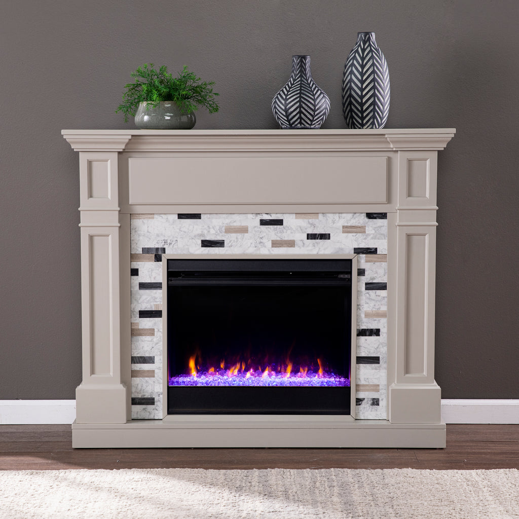 48" Birkover Color Changing Electric Fireplace w/ Marble Surround