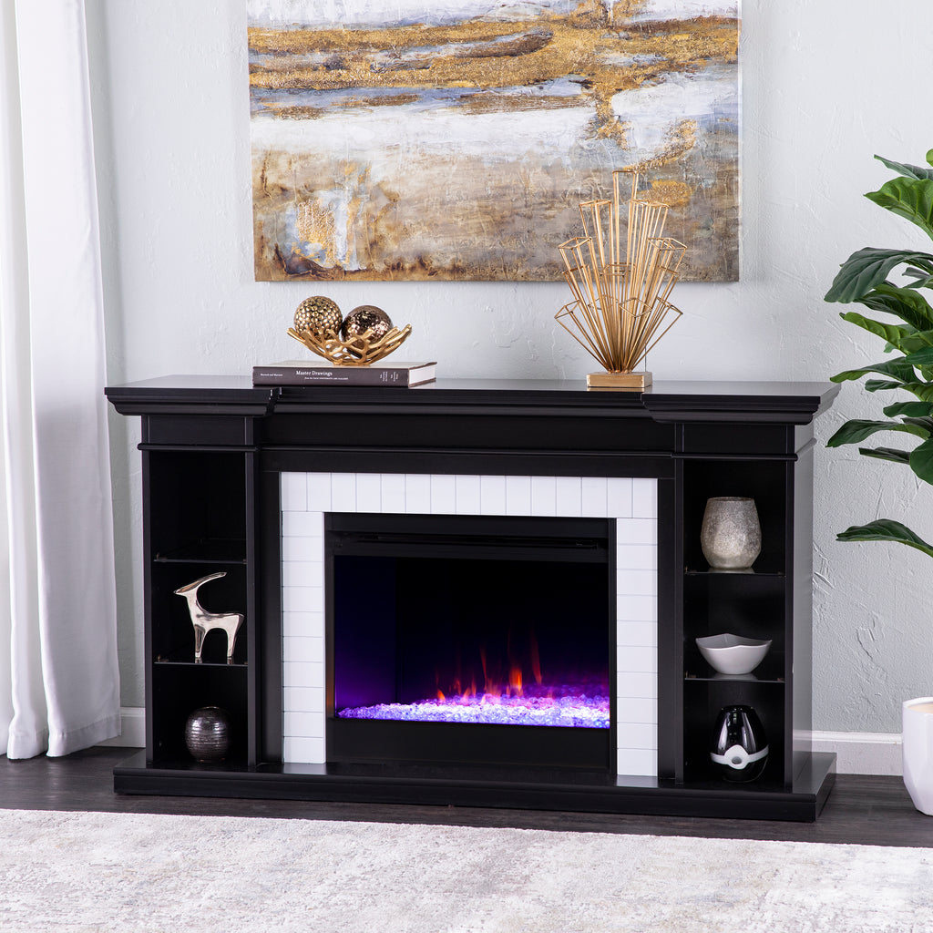 54.75” Henstinger Color Changing Fireplace w/ Bookcase - Black