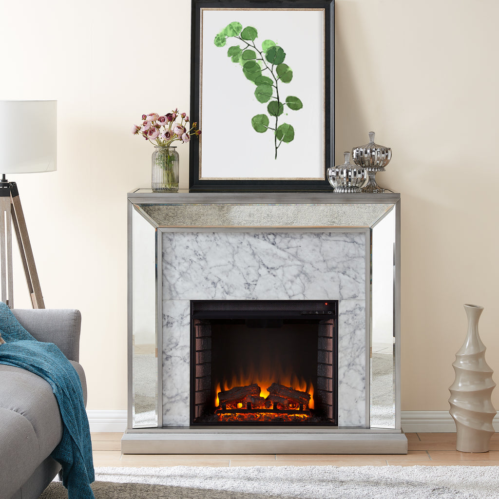 44” Trandling Mirrored Faux Marble Fireplace