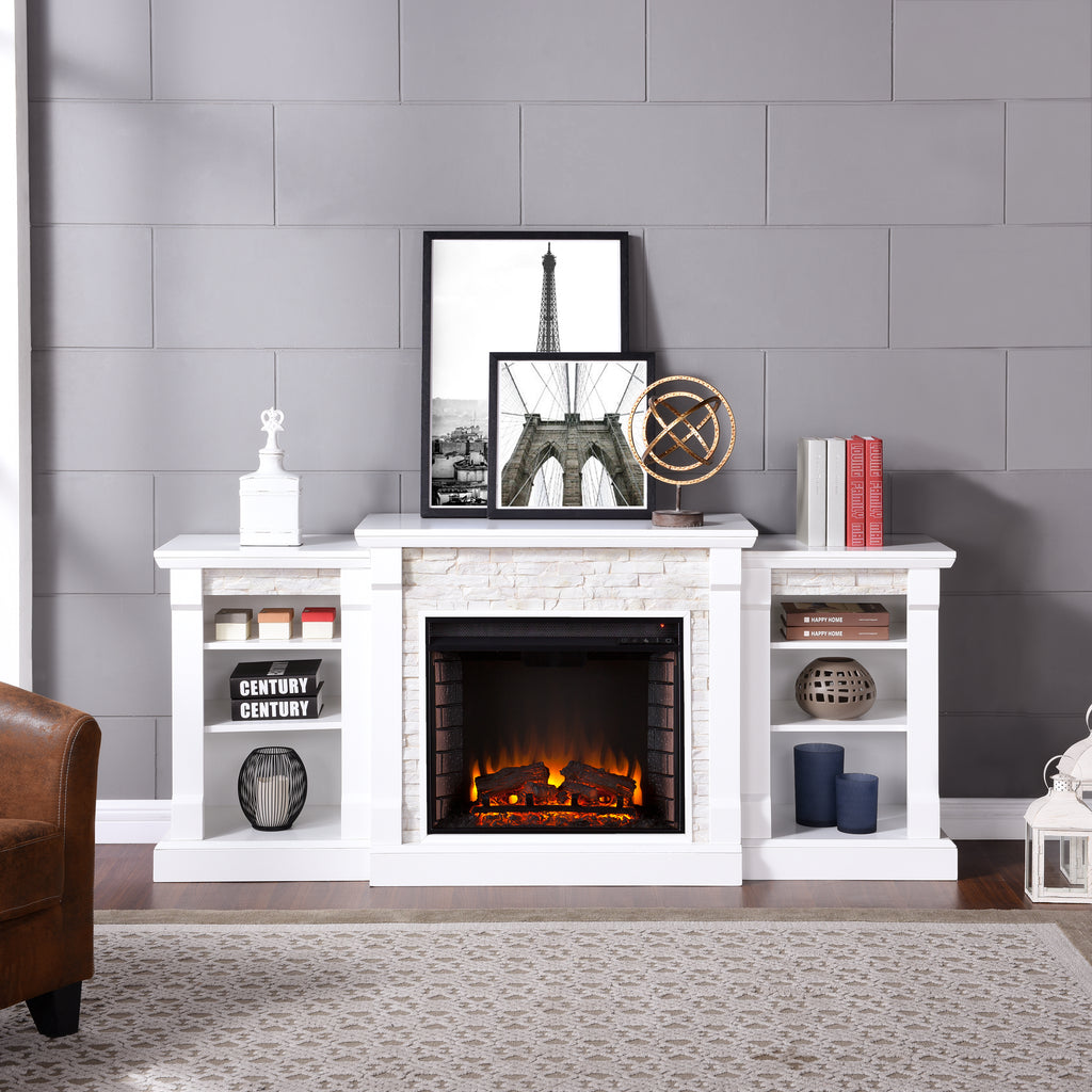 71.75" Gallatin Electric Fireplace w/ Bookcases – White w/ White Faux Stone
