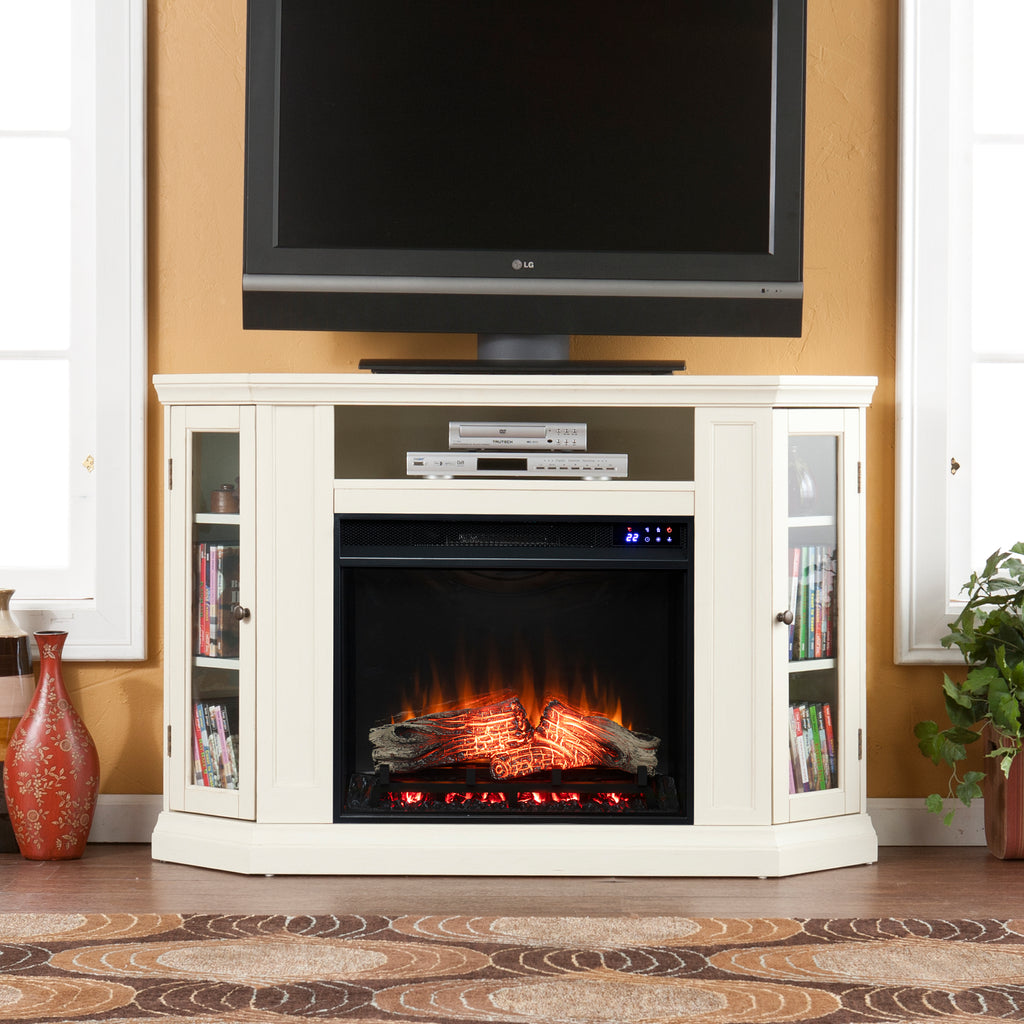 48" Claremont Electric Corner Touch Screen Fireplace w/ Storage - Ivory