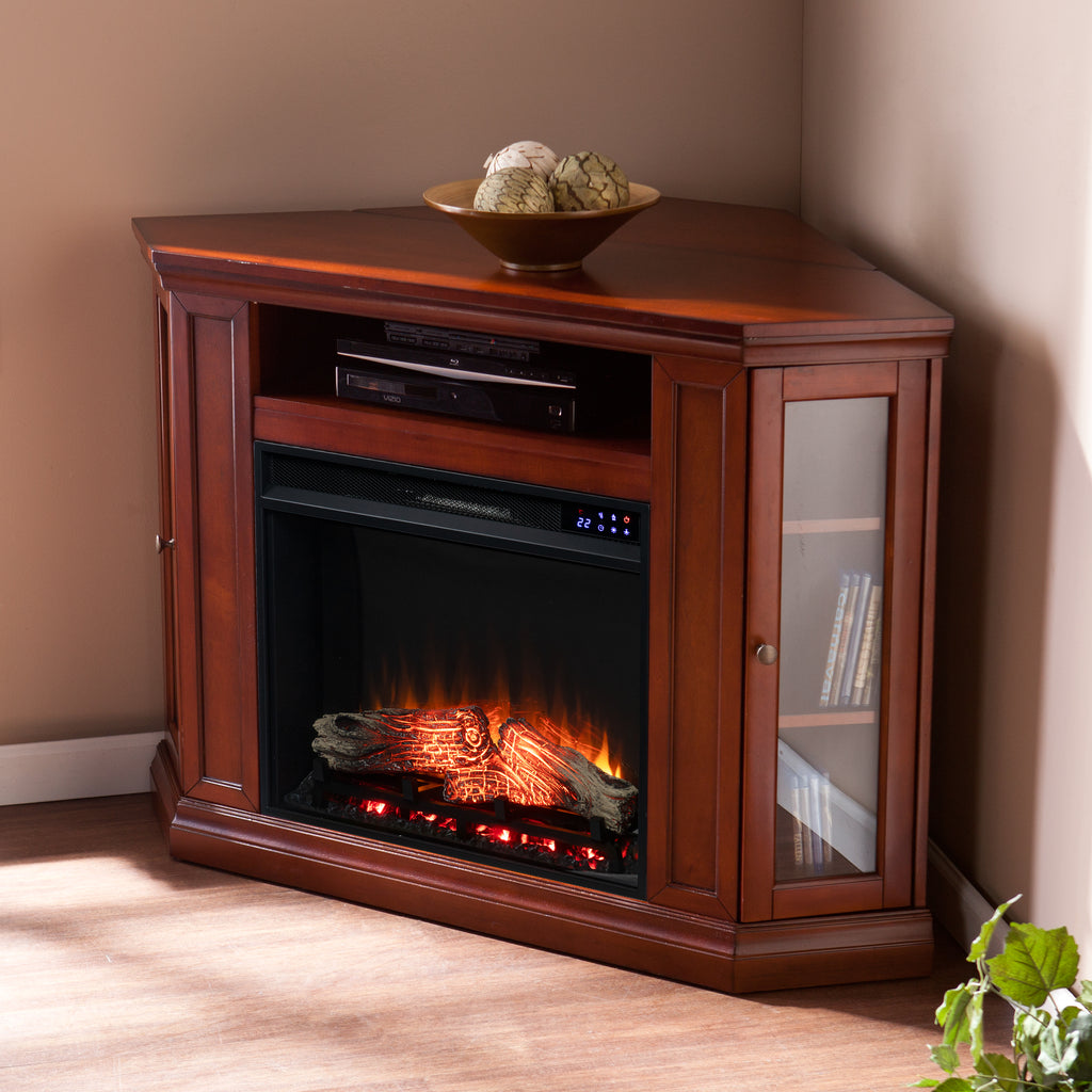 48" Claremont Electric Corner Touch Screen Fireplace w/ Storage - Brown Mahogany