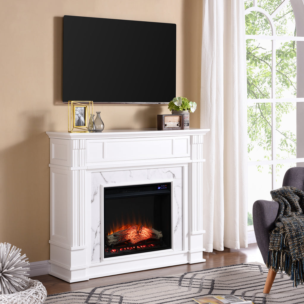 48" Highgate Faux Cararra Marble Touch Screen Electric Media Fireplace - White