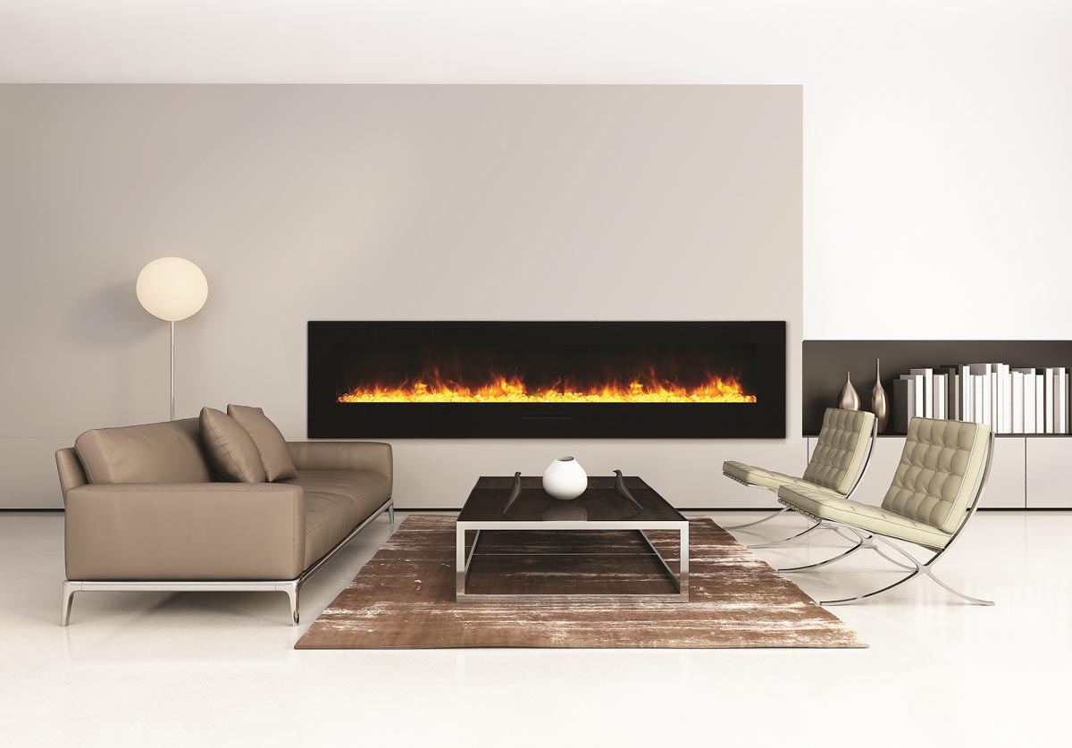 88" Amantii Flush Mount Electric Fireplace w/ Black Glass Surrounding with Log Set
