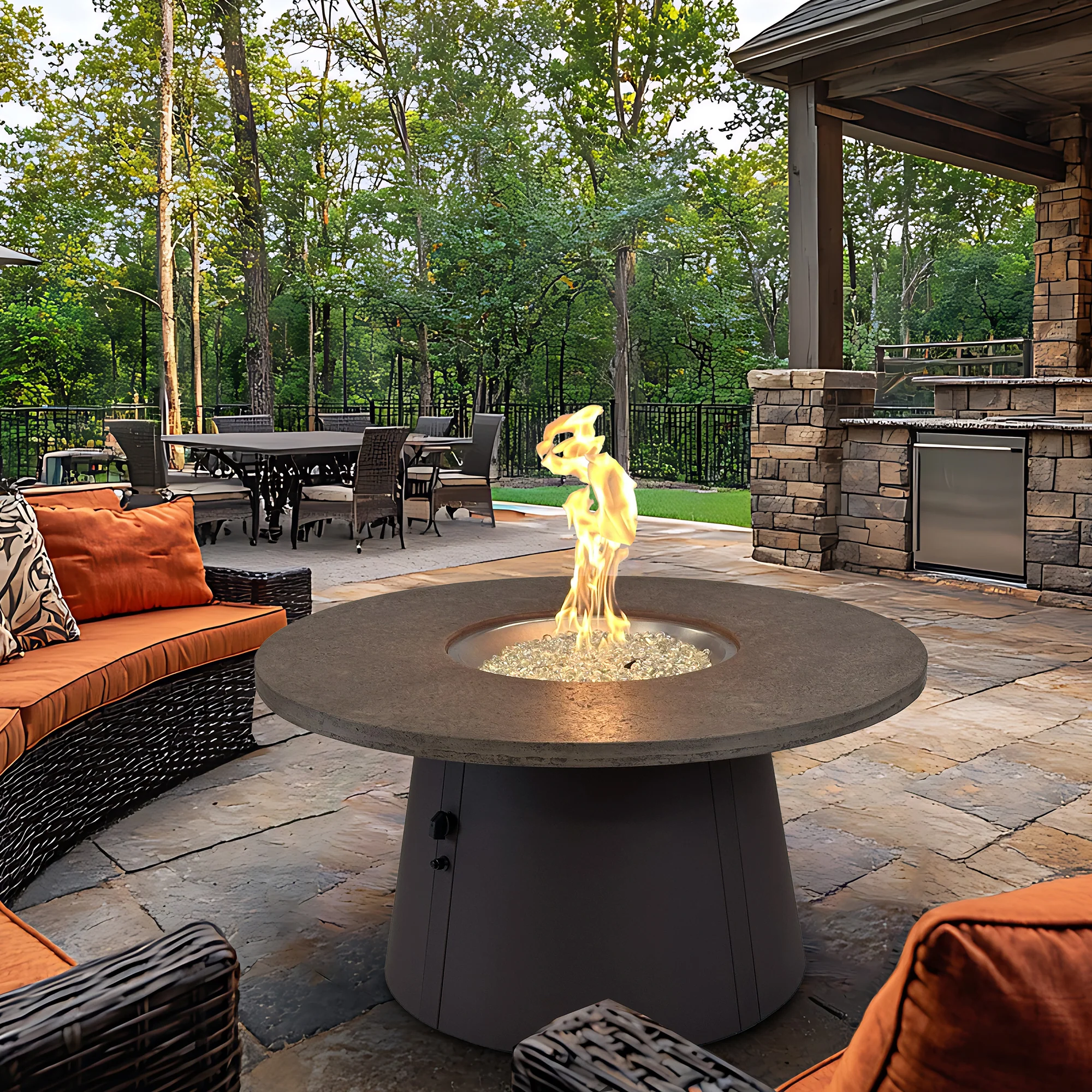 48" Cirvalo Round Gas Fire Pit Table with Fossil Brown Top & Brown Base