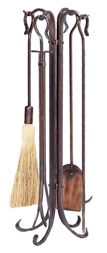 34'' 5 Piece Antique Copper Hammered Finish Fireset with Crook Handles