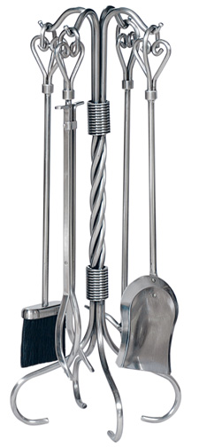 30'' 5 Piece Pewter Finish Wrought Iron Fireset with Heart Handles