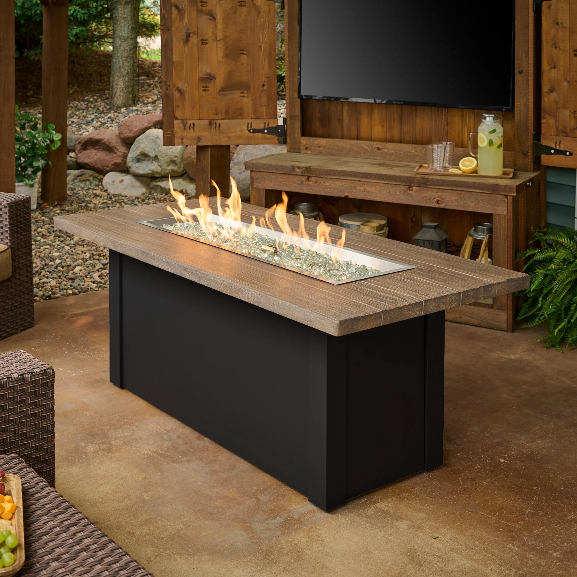 62" Havenwood with Driftwood Everblend Top and Luverne Black Base with Direct Spark Ignition Linear Gas Fire Pit Table (LP)