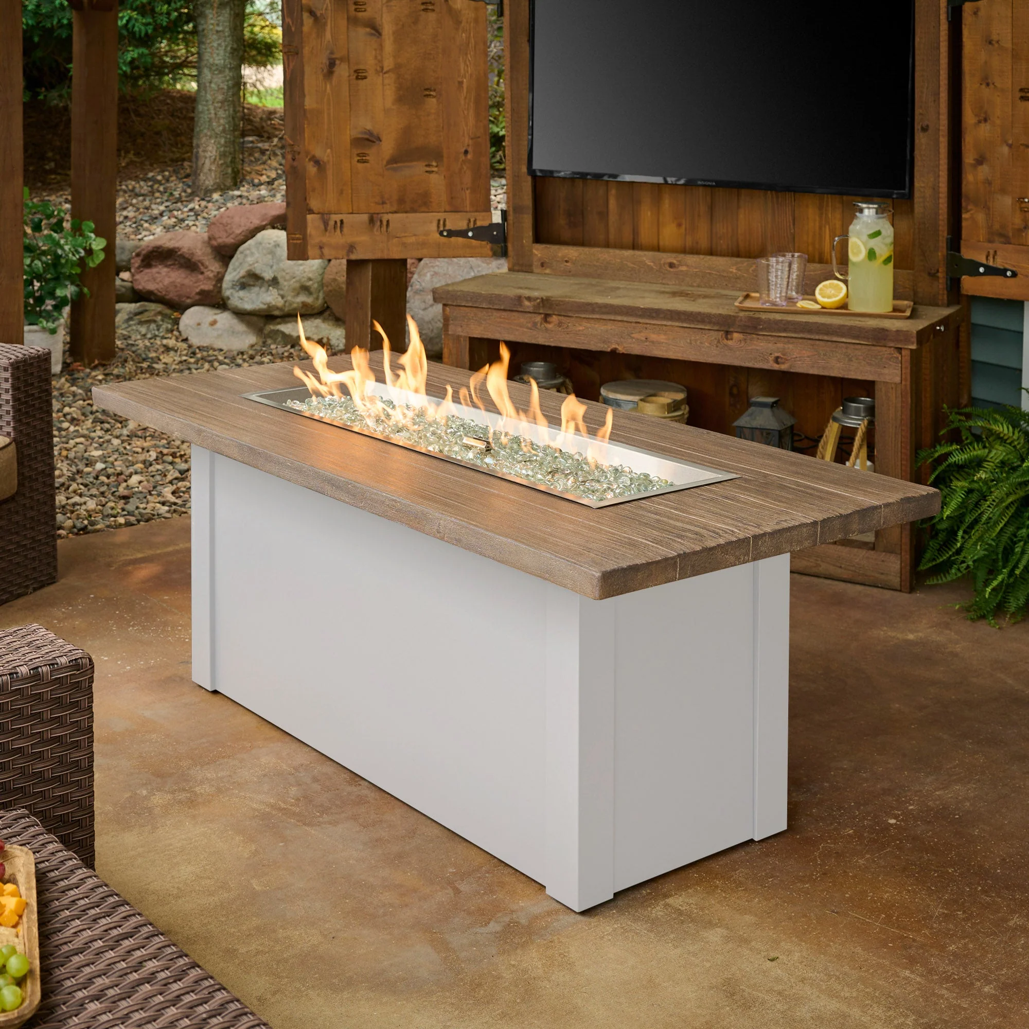 62" Havenwood with Driftwood Everblend Top and White Base with Direct Spark Ignition Linear Gas Fire Pit Table (LP)
