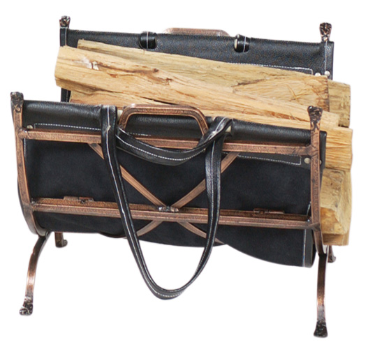11'' Antique Copper Finish Wrought Iron Log Holder with Black Leather