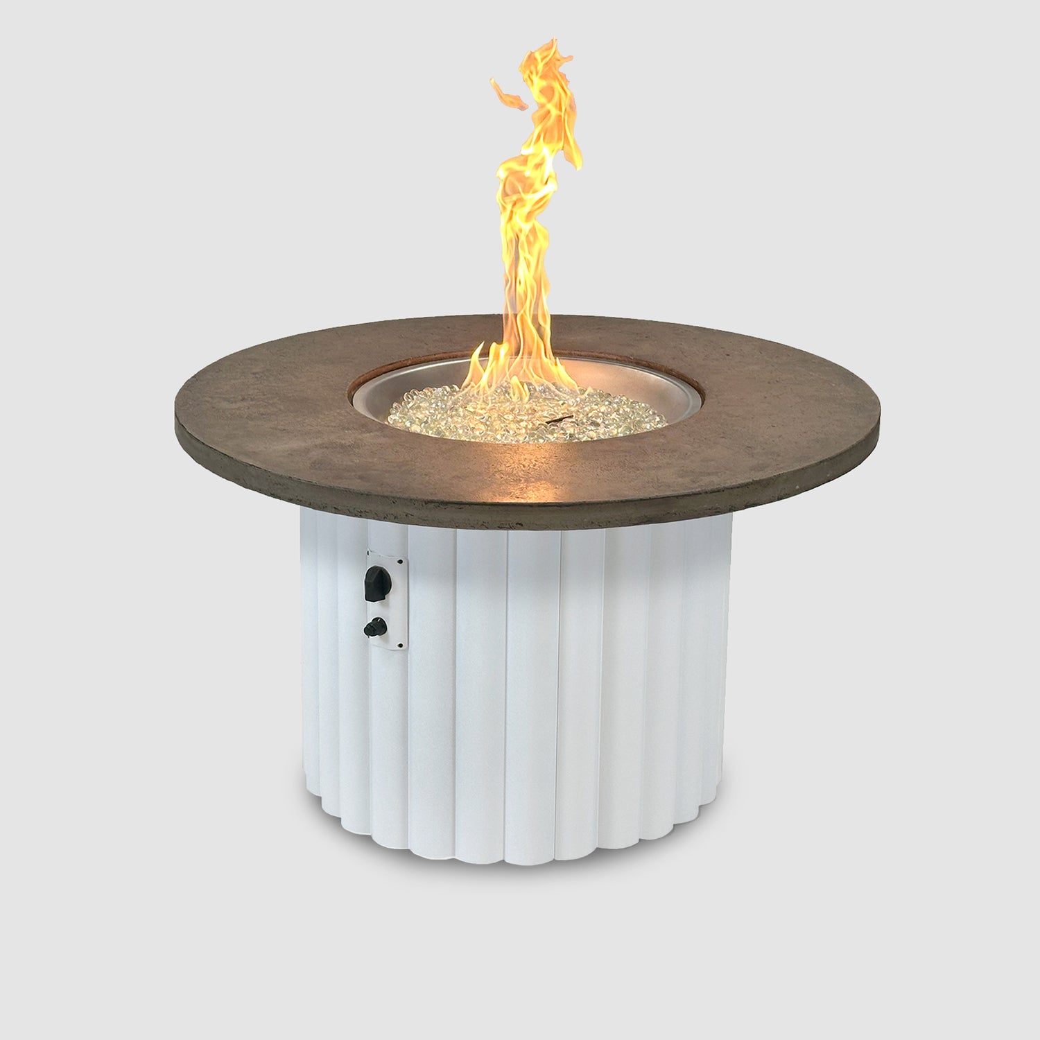 42" Round Gas Fire Pit Table with Smokey Oak Supercast Top & White Base
