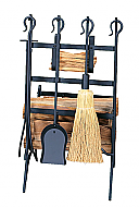 16'' Black Wrought Iron Log & Kindling Rack with Firetools